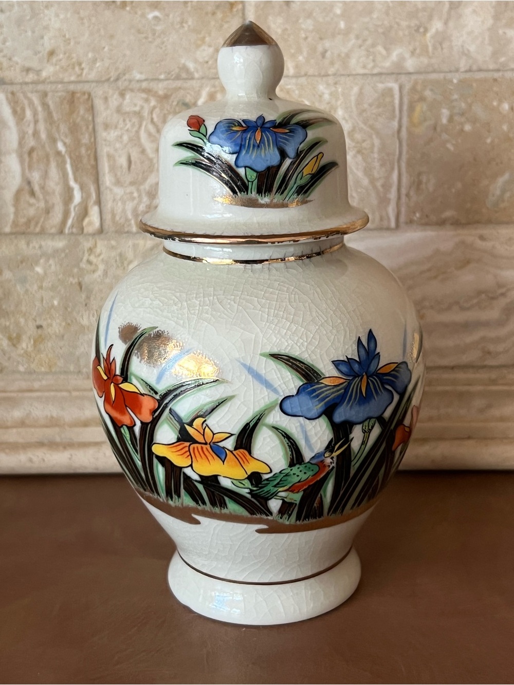 Japanese Iris Ginger Jar w/ Gold  Metallic accent ; Used